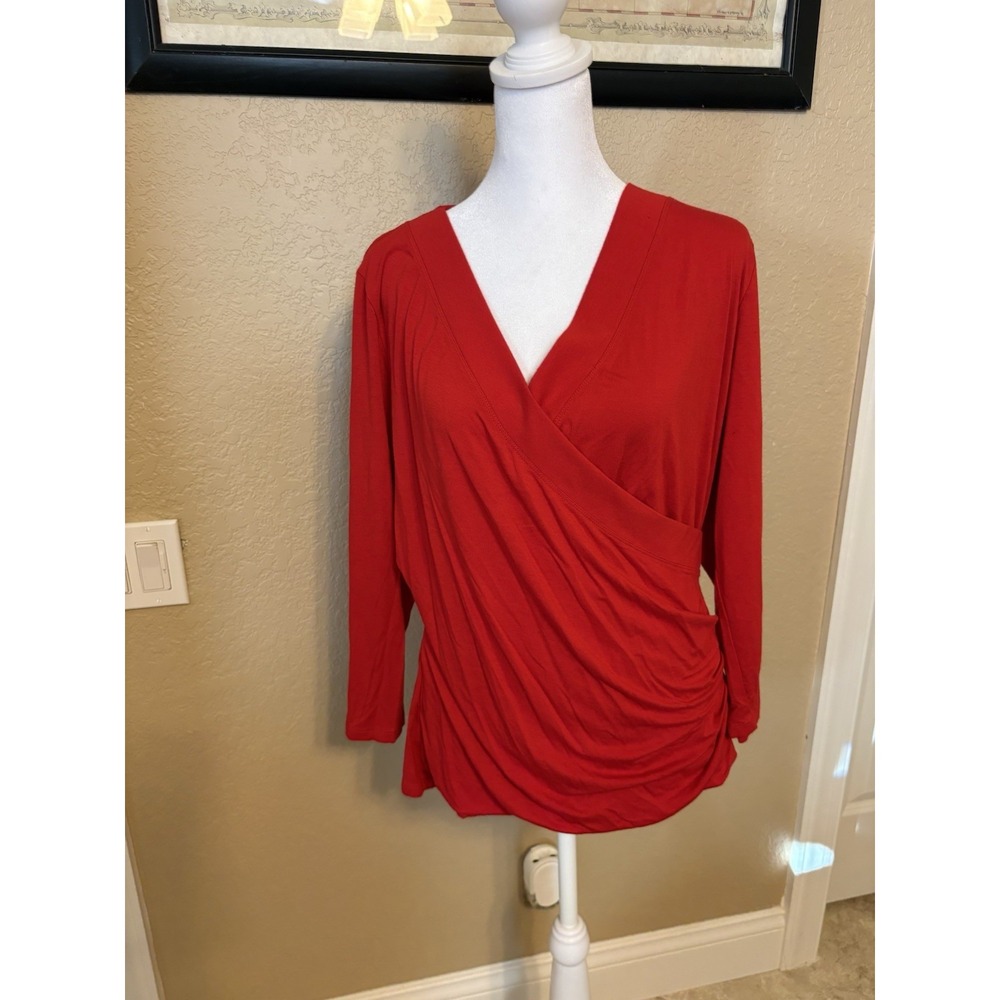 LAUREN RALPH LAUREN XL RED FAUX WRAP RED BLOUSE.BLACK LABEL HOLIDAY PARTY